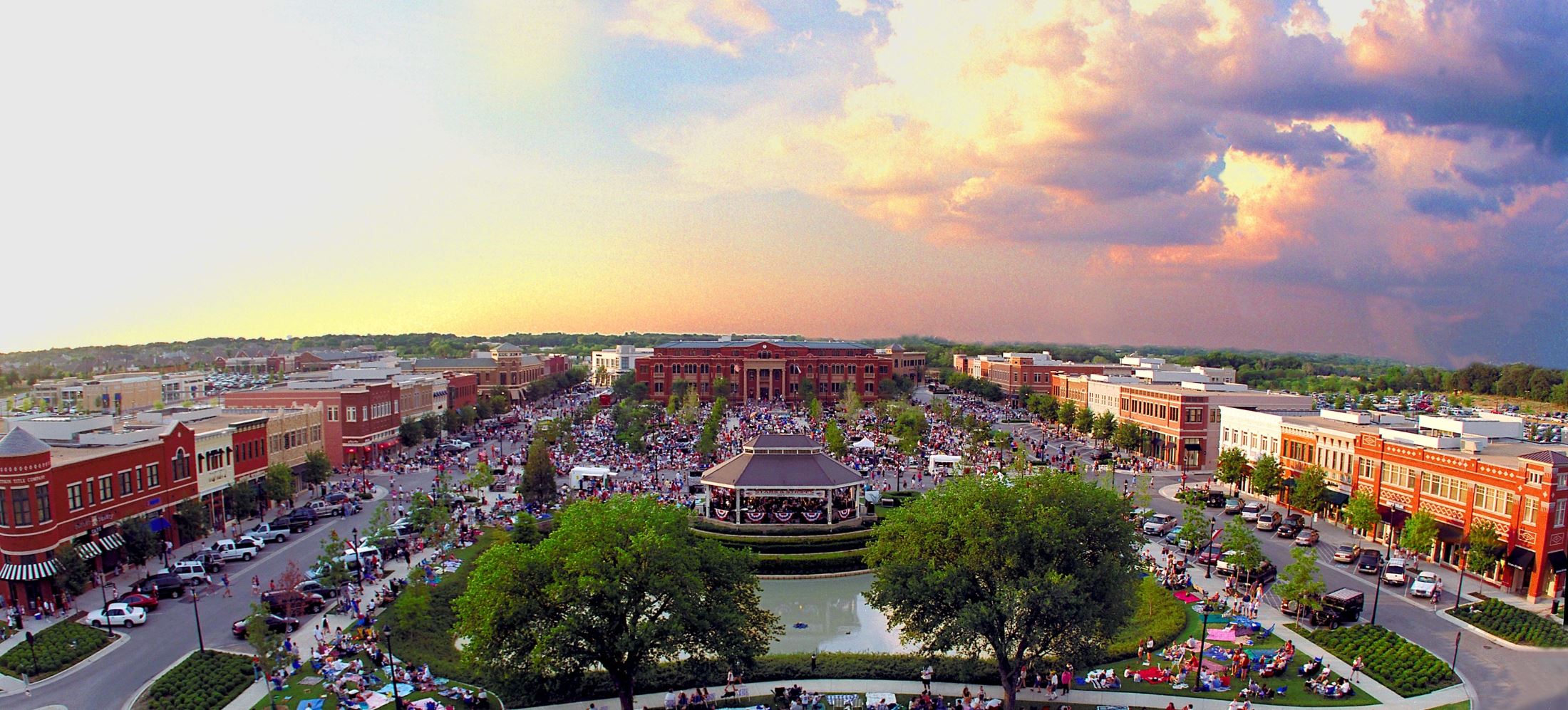 Southlake Town Square aerial view at sunset